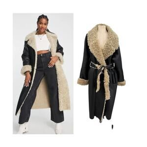 ASOS Design Faux Shearling Coat Black Belted Long Teddy Trim Curve US 18